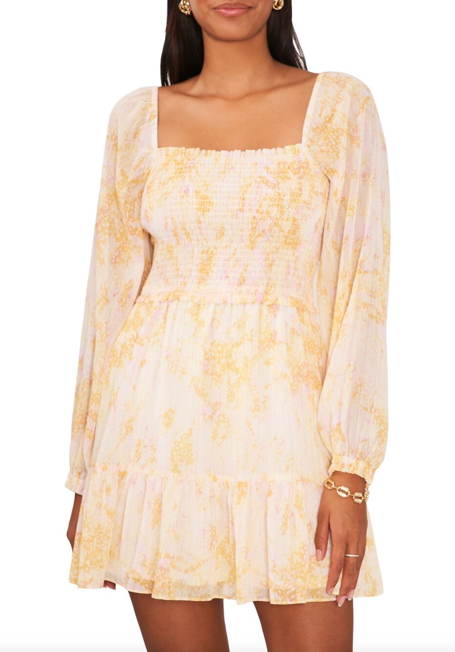 1.State NEW Yellow Pink Blouson Sleeve Square Neck Floral Smocked Mini Dress